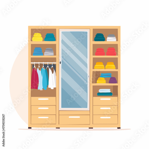 Praktischer Garderobenschrank im Flur mit Spiegel, Kleiderstange und Ablagefächern.