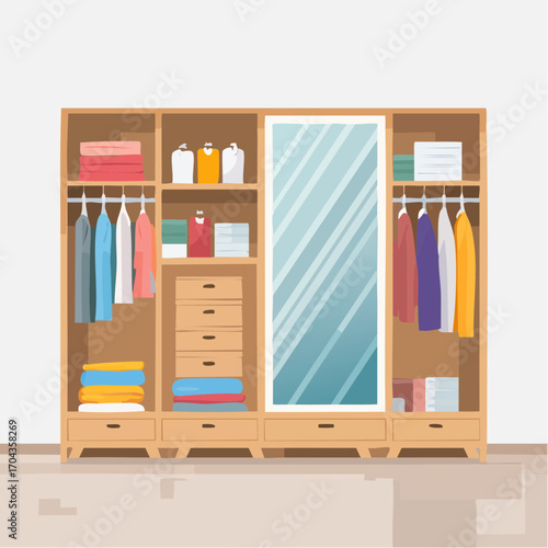 Praktischer Garderobenschrank im Flur mit Spiegel, Kleiderstange und Ablagefächern.