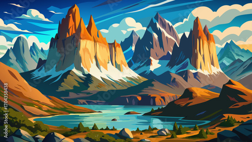 Chile’s Torres del Paine National Park reveals granite towers piercing clear skies, turquoise lakes below reflecting peaks, sprawling Patagonian plains stretching endlessly, a dramatic landscape of ra