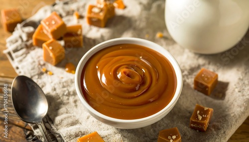Caramel sauce in a bowl with pieces of caramel