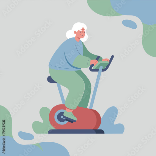 Senior woman exercising on exercise bike in cartoon style with colorful background