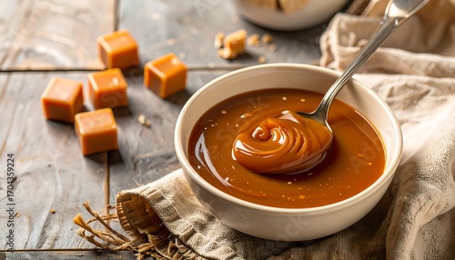 Caramel sauce in bowl, with cubes
