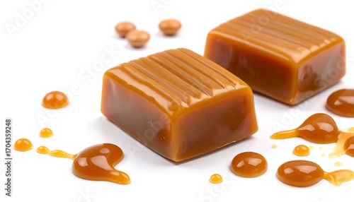 Caramel squares on a white background