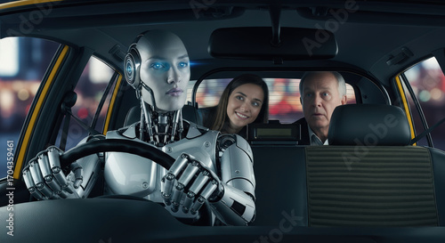A robot drives a taxi while passengers react contrastingly, symbolizing the different perceptions of the future