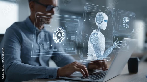 Exploring artificial intelligence development in a modern workspace with advanced technology and data analysis tools