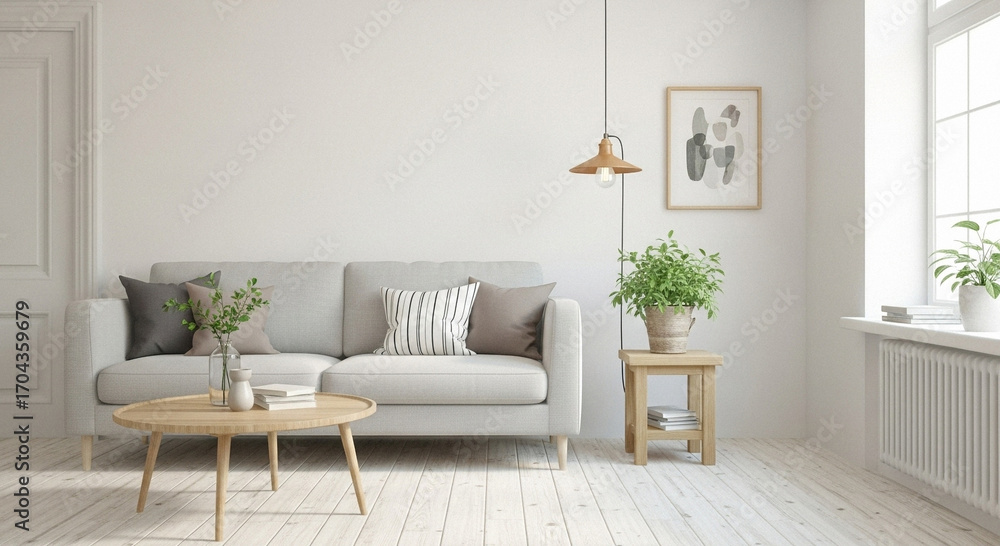 Fototapeta premium Bright Scandinavian Living Room Interior with a Gray Sofa Wooden Furniture and a Potted Plant by the Window