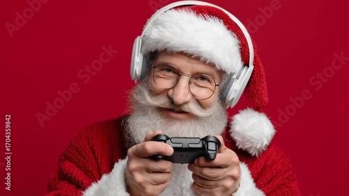 A man in a Santa hat is holding a video game controller. He is smiling and he is enjoying himself