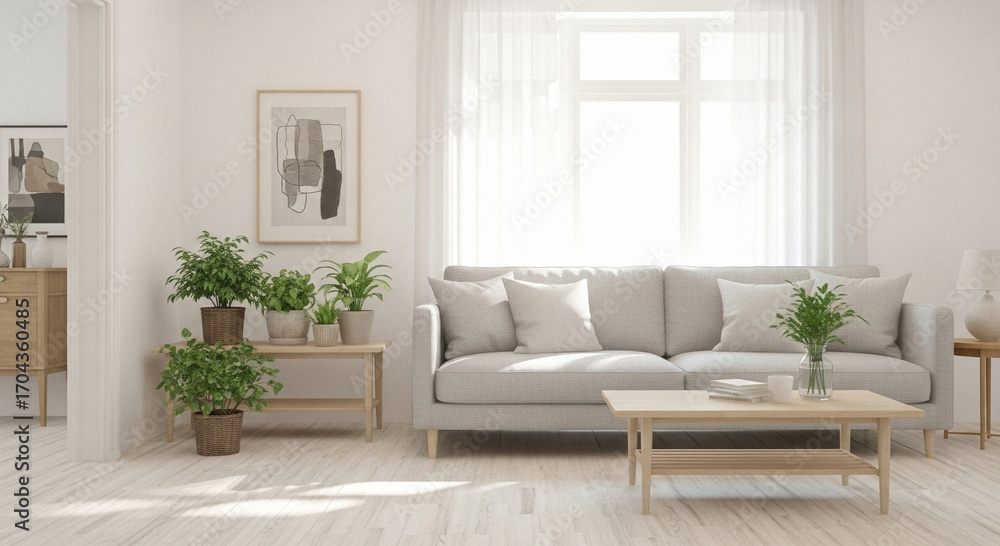 Fototapeta premium Bright and Airy Scandinavian Living Room with Houseplants and Natural Light