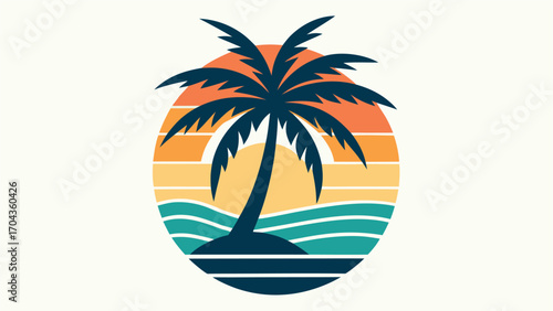 Wallpaper Mural Vector art of retro sunset with palm tree and ocean waves in a circle, vintage tropical vacation graphic Torontodigital.ca