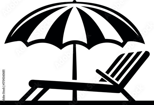 Vector art of black and white silhouette of a beach umbrella and a recliner chair
