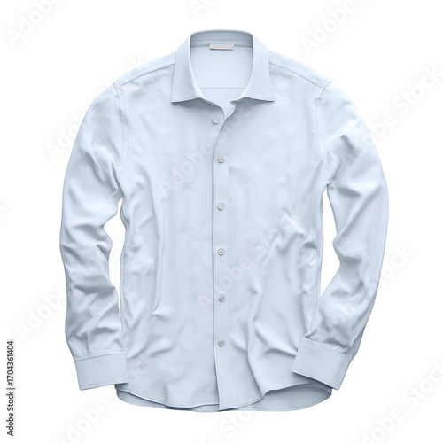 Elegant light blue mens long-sleeved dress shirt with a classic collar and buttoned cuffs laid flat.