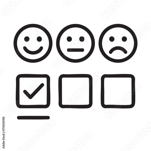 Customer feedback survey with happy neutral and sad faces and checkboxes for rating satisfaction levels