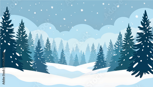 Winter forest landscape with snow-covered trees and cloudy sky  