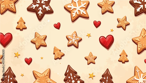 Gingerbread cookies in various shapes on a festive background  