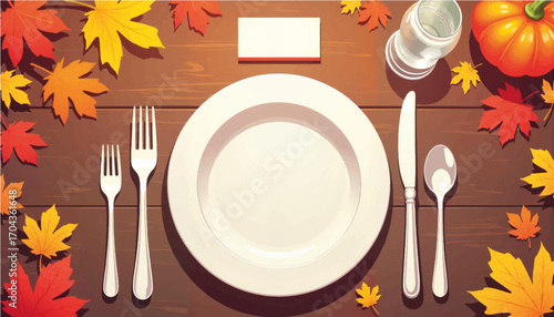 Thanksgiving table setting with autumn leaves and pumpkin decor  