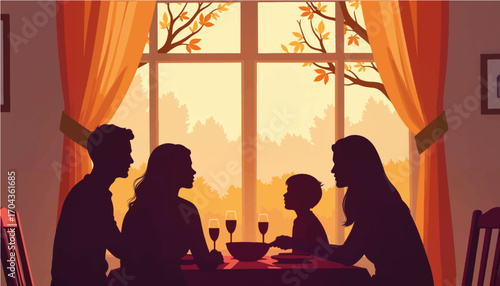 Family sitting together at a table enjoying dinner by the window  