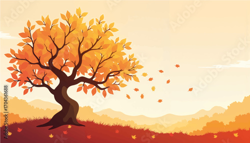 Autumn tree with falling leaves in a colorful sunset landscape  