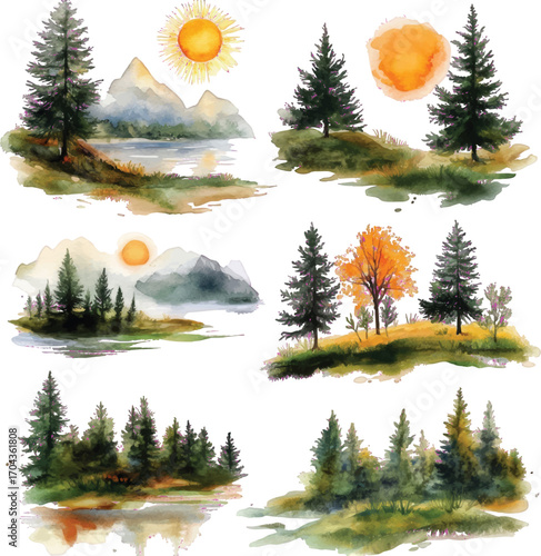 Watercolor Landscape Scenes with Pine Trees Mountains and Sun on White Background Keywords: watercolor, landscape, nature, pine tree, evergreen, mountain