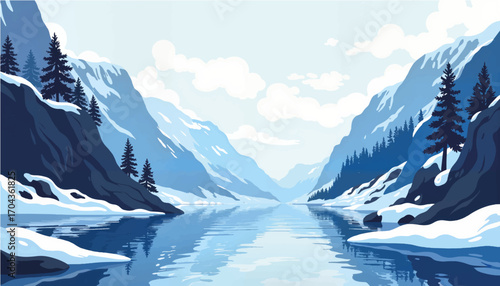 Snowy mountain landscape with river and evergreen trees under cloudy sky  