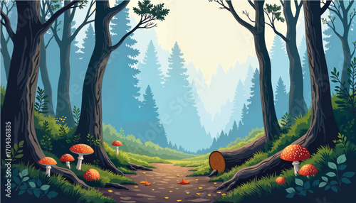 Lush forest pathway with mushrooms and tall trees in daylight  