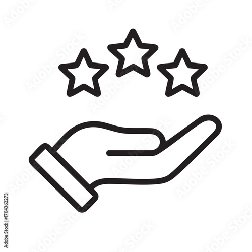Hand holding three stars symbolizing excellent customer service quality and positive feedback in a simple line art icon