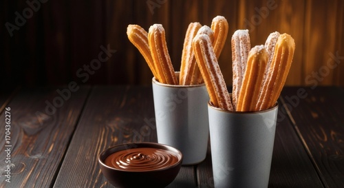 Crispy fried churros dusted with powdered sugar, served in cups alongside a bowl of rich chocolate dipping sauce on a wooden surface.