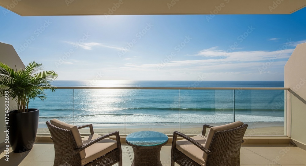 Naklejka premium Balcony View of Ocean and Sky with Chairs and Table.