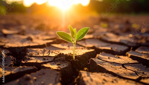 New sprout emerging from cracked earth, bathed in sunset light