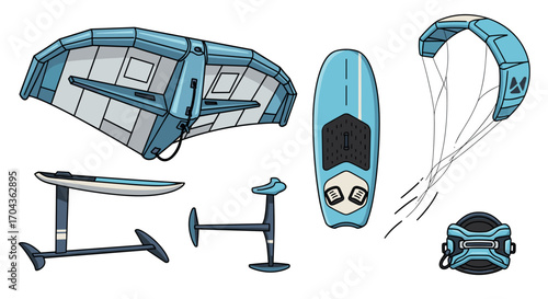 Kiteboarding equipment in vector style