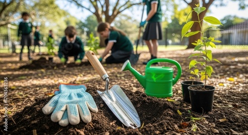 Students plant trees to promote environmental awareness and sustainability in school garden