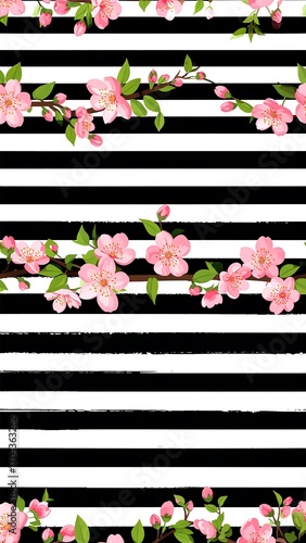 Fototapeta Naklejka Na Ścianę i Meble -  Pink flowers on black and white striped background