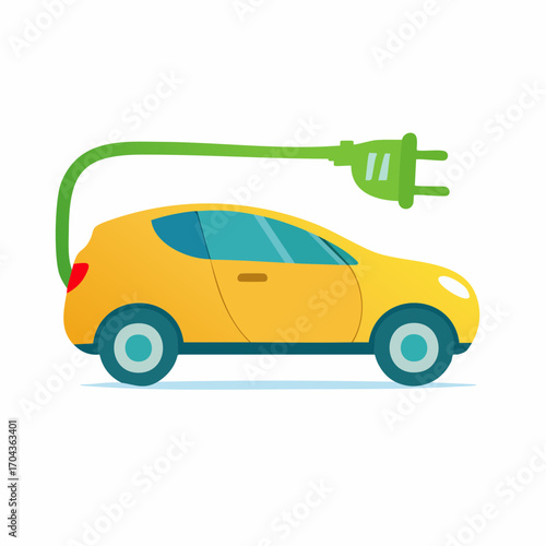 Vibrant Illustration of a Yellow Electric Vehicle with Charging Cable and Plug on White