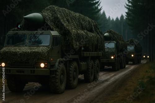Nuclear war preparation drills military convoy forested area action photography ground level strategic defense measures