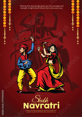 Illustration of Goddess Maa Durga in Happy Dussehra Navratri background Template Design celebrated in Hindu Religion and festival of happy durga puja