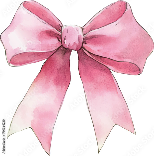 Watercolor Pink Bow with Ribbon Loops and Tails on White Background Keywords: watercolor, bow, ribbon, pink, pastel, feminine, decorative, embellishment