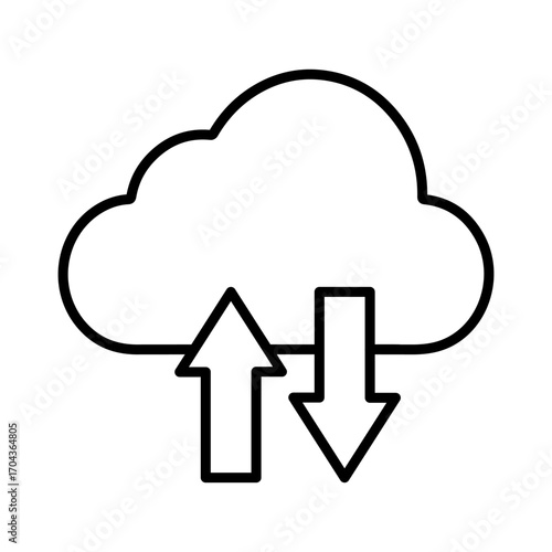 Minimalist line art illustration of cloud shape with pointing arrows symbolizing upload and download functions. Computer technology line icon.