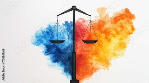 A stylized illustration of a balance scale with blue and orange watercolor splashes, symbolizing justice and equality.