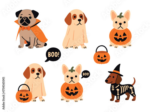 collection of cute cartoon dogs dressed in Halloween costumes, including pumpkins, skeletons, witches, and spooky props.