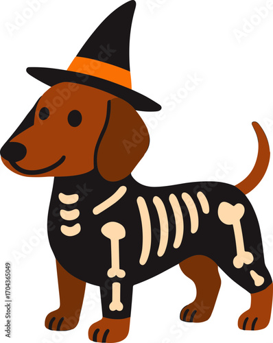 dachshund wearing a black skeleton costume and a witch hat with an orange band, designed in a playful Halloween style.