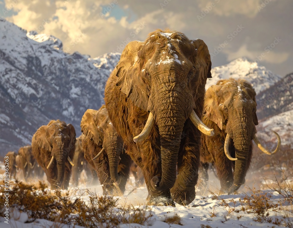 Fototapeta premium Majestic elephants marching through a snowy mountain range