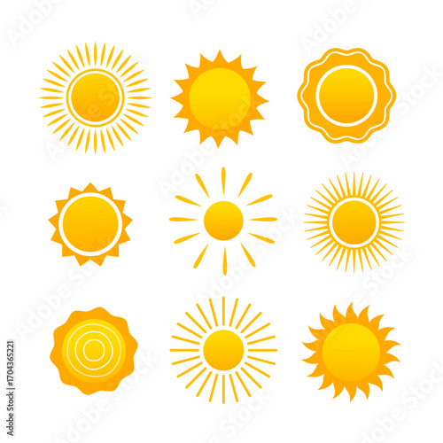 Collection of cartoon hand drawn sun icons isolated on white background.	