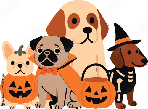 a group of cute cartoon dogs in Halloween costumes, including a French bulldog in a pumpkin suit, a pug in a vampire cape, a big dog in a ghost sheet, and a dachshund in a skeleton outfit with a witch