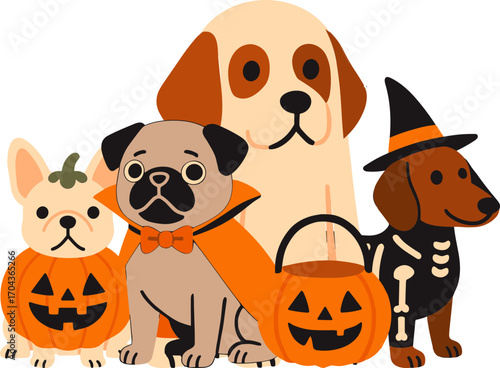 a group of cute cartoon dogs in Halloween costumes, including a French bulldog in a pumpkin suit, a pug in a vampire cape, a big dog in a ghost sheet, and a dachshund in a skeleton outfit with a witch