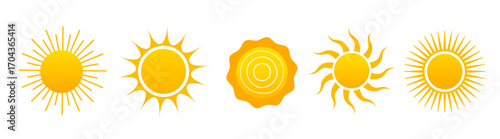 Collection of cartoon hand drawn sun icons isolated on white background.	
