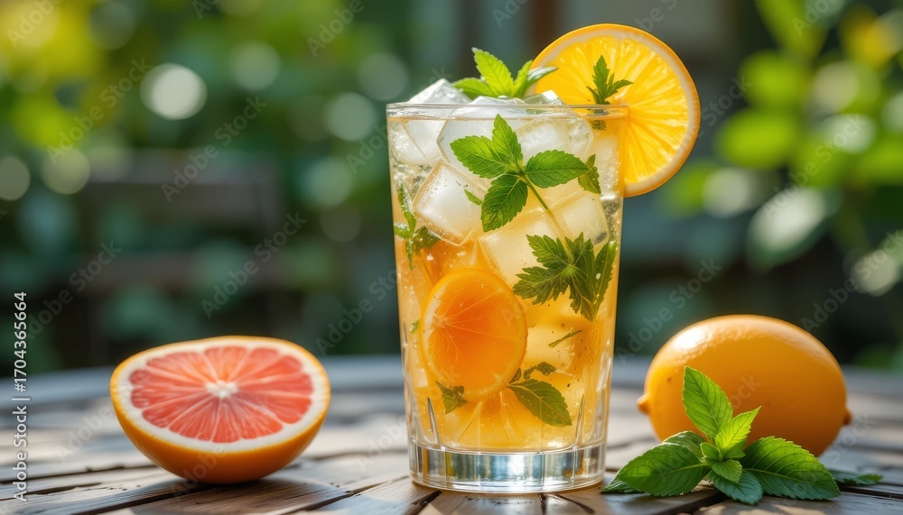Fototapeta premium Refreshing summer cocktail with citrus fruits, mint leaves, and ice cubes in glass on outdoor patio table