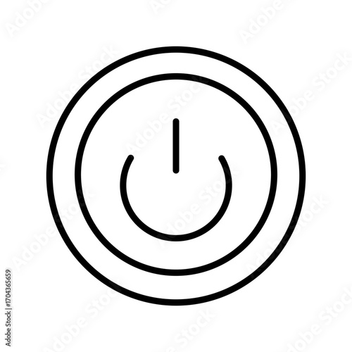 A minimalist line drawing of a power button icon isolated on white background. Computer technology line icon, digital device symbol, modern IT equipment design for web, app, and user interface.