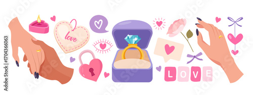Vector cartoon collection of love and romance-themed elements in a light pastel color palette. Set includes heart-shaped candle, padlock, ring box, speech bubble with a heart inside, flower etc.