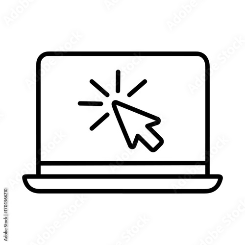 A minimalist line drawing of a laptop with a cursor clicking on the screen. Computer technology line icon, digital device symbol, modern IT equipment design for web, app, and user interface.
