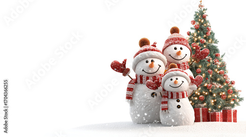 Festive snowman with coal eyes and hat beside a miniature Christmas tree on transparent png background. Ai generated