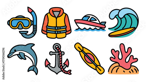 Summer Water Activities and Marine Life Icons for Coastal Vacation and Beach Adventures
